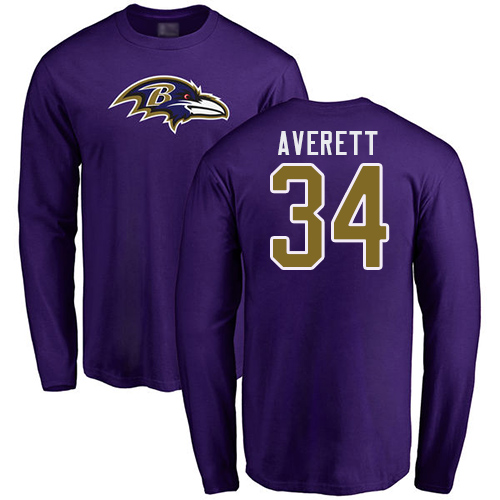 Men Baltimore Ravens Purple Anthony Averett Name and Number Logo NFL Football #34 Long Sleeve T Shirt